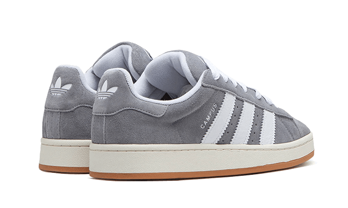 Paire d'adidas Campus 00s grises, vue arrière avec trèfle blanc sur le talon