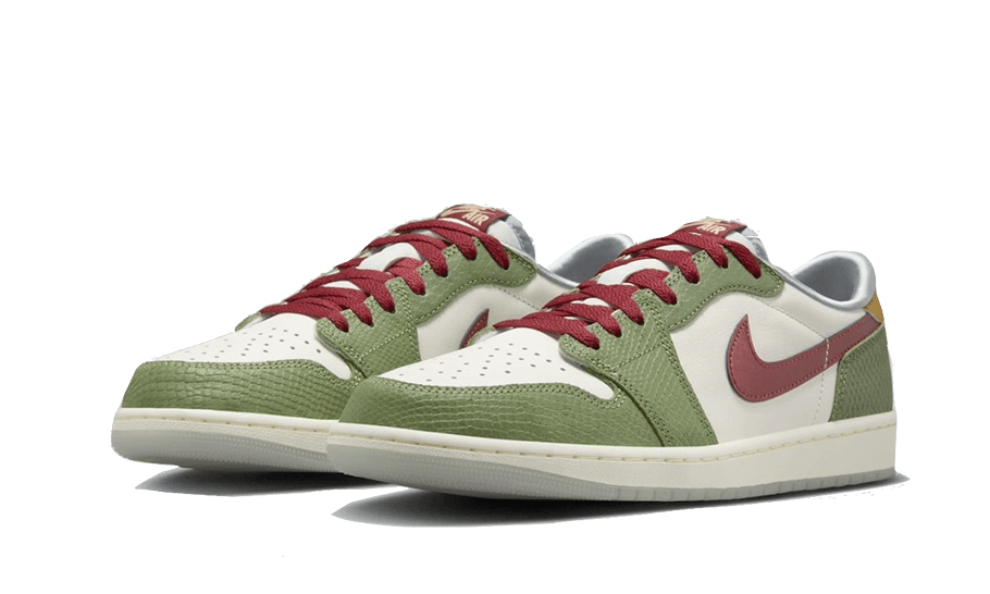 Paire de Jordan 1 Low vert sauge, swoosh et lacets rouge bordeaux