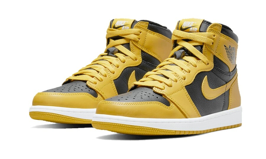 Paire de Jordan 1 High Pollen jaune et noir, vue de trois quarts