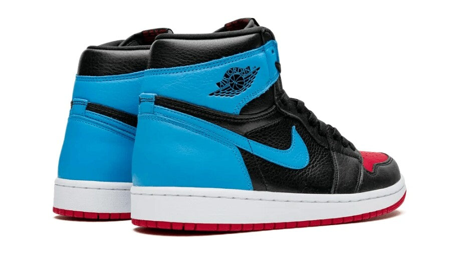 Jordan 1 High NC to Chi vue arrière avec contrefort bleu ciel