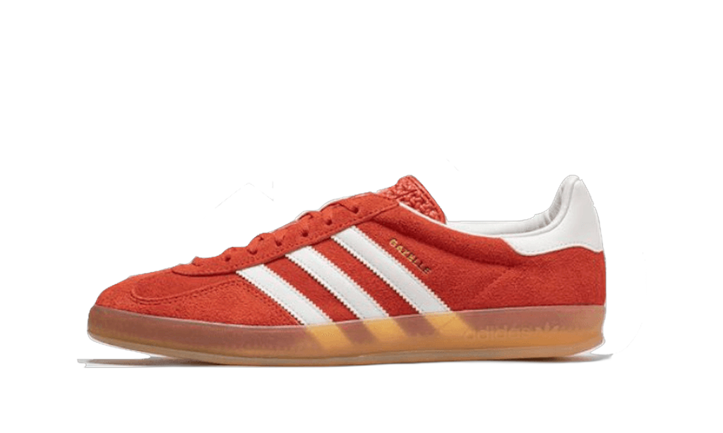 adidas Gazelle Indoor orange vue de profil, bandes blanches et semelle gomme