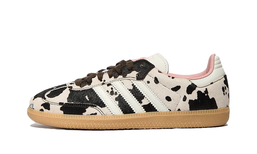 adidas Samba OG Cow Print vue de profil, taches noires sur fond crème