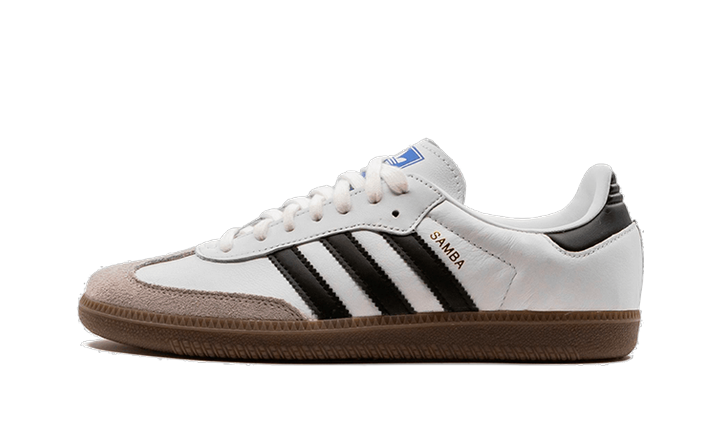 adidas Samba OG blanche vue de profil, bandes noires, semelle brune