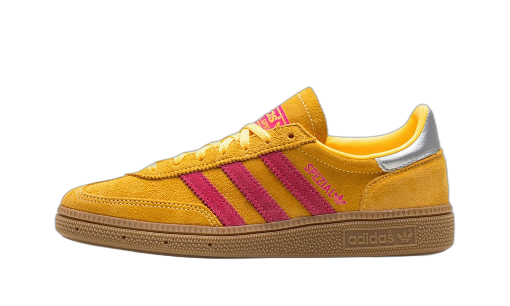 adidas Handball Spezial jaune doré à bandes roses, vue de profil