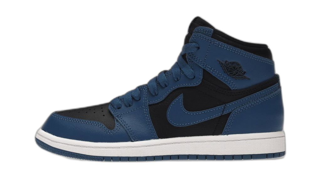 Jordan 1 Retro High OG Dark Marina Blue, sneakers montantes bleu marine et noir, vue de profil