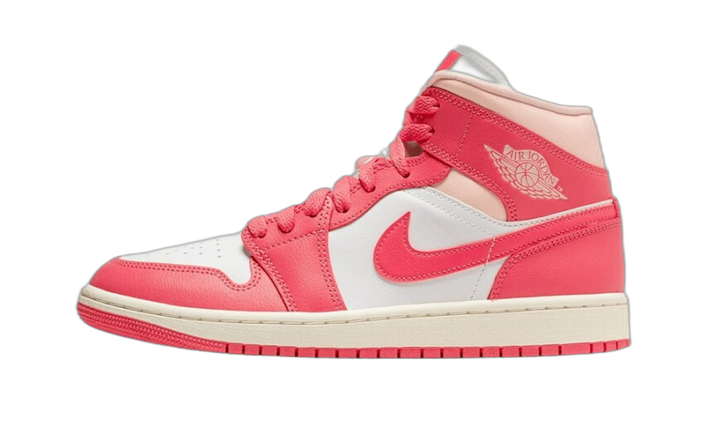 Jordan 1 Mid rose corail, blanche et crème, vue de profil