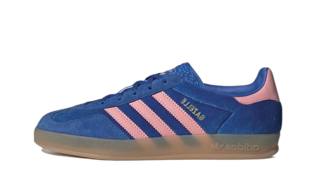 adidas Gazelle Indoor bleue à trois bandes roses, vue de profil