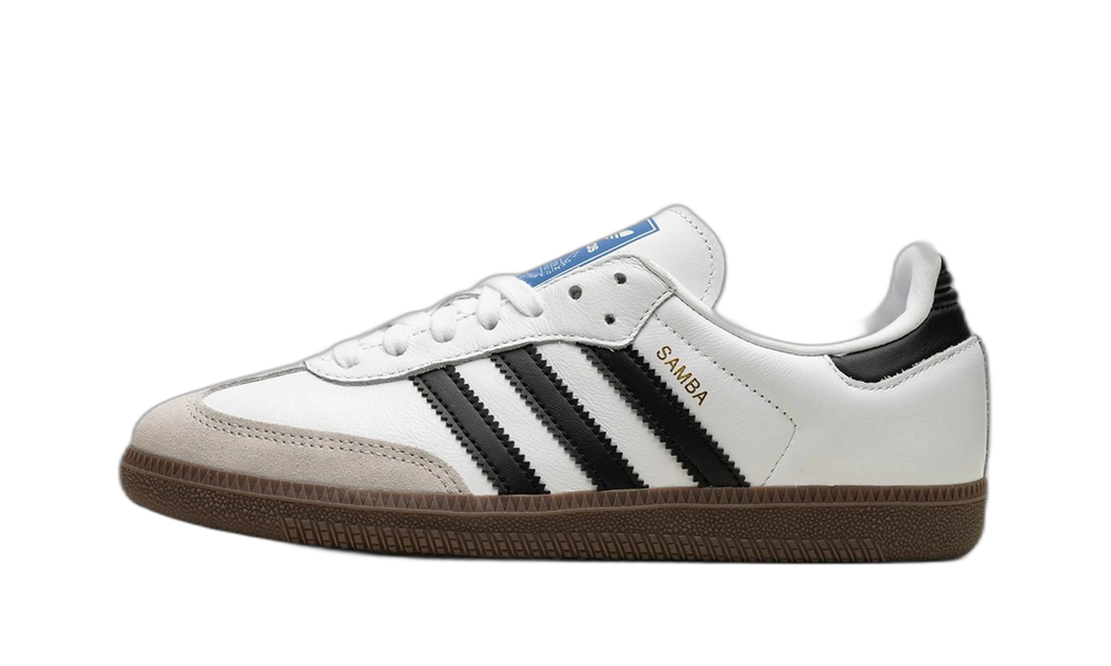 adidas Samba OG blanche et noire vue de profil, semelle marron
