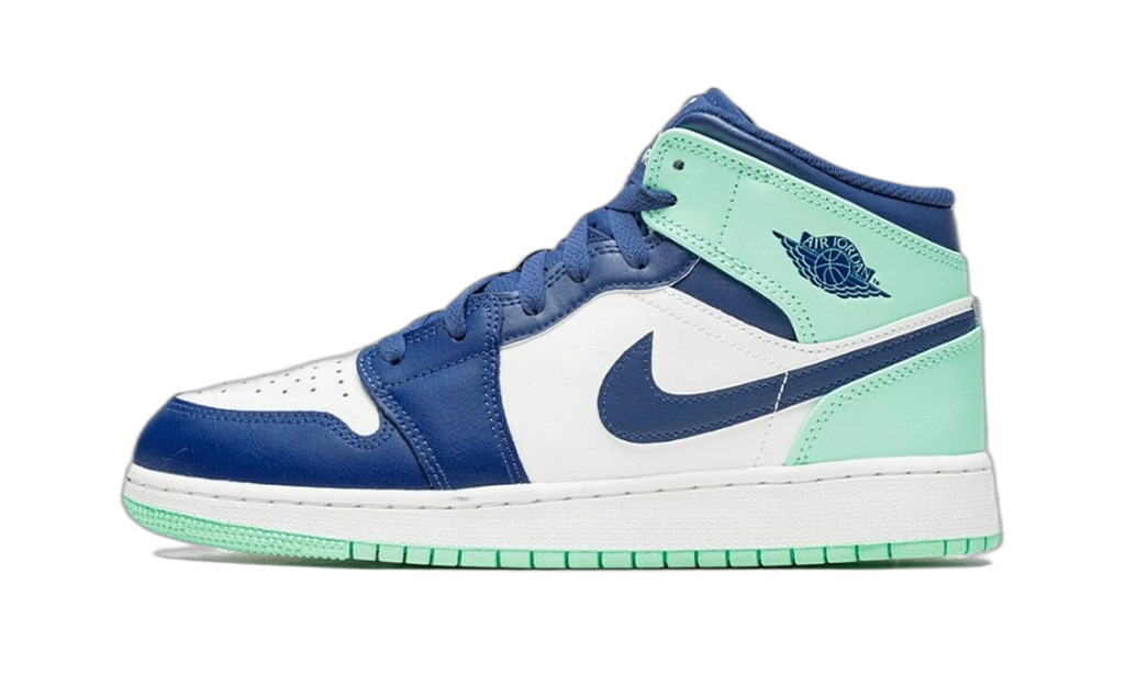 Jordan 1 Mid bleu marine, blanc et menthe, vue de profil