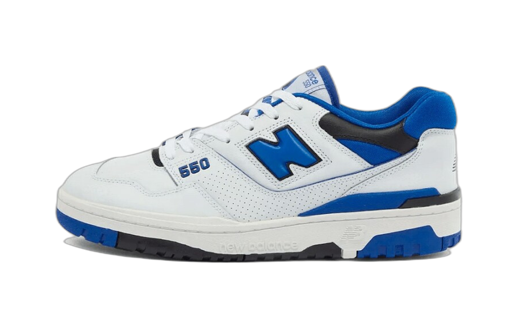 New Balance 550 blanche et bleue vue de profil, logo N bleu