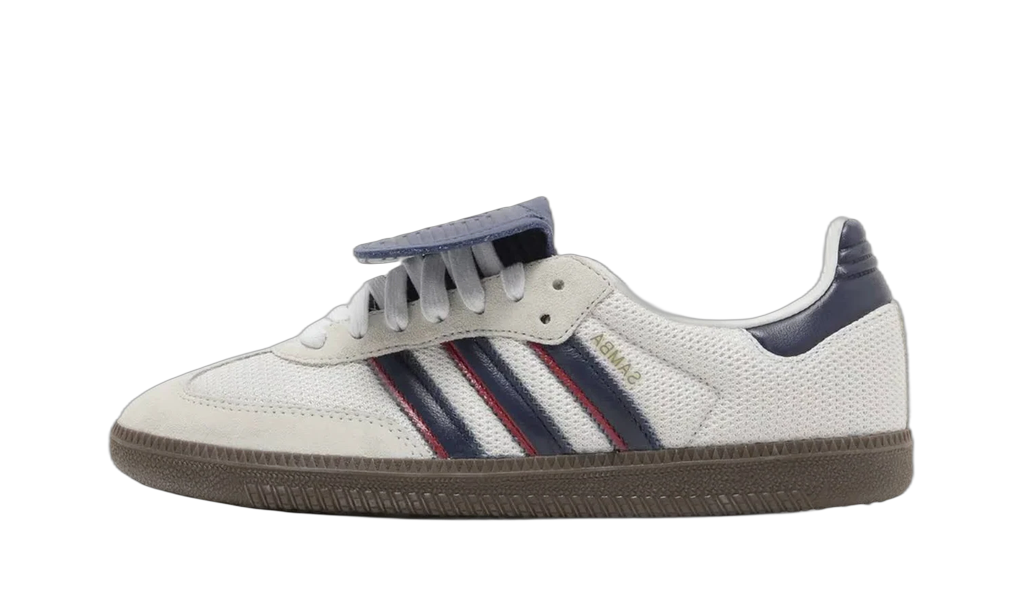 Sneakers adidas Samba LT blanc cassé vue de profil, bandes bleu marine