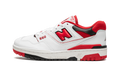 New Balance 550 blanche et rouge vue de profil, logo N rouge