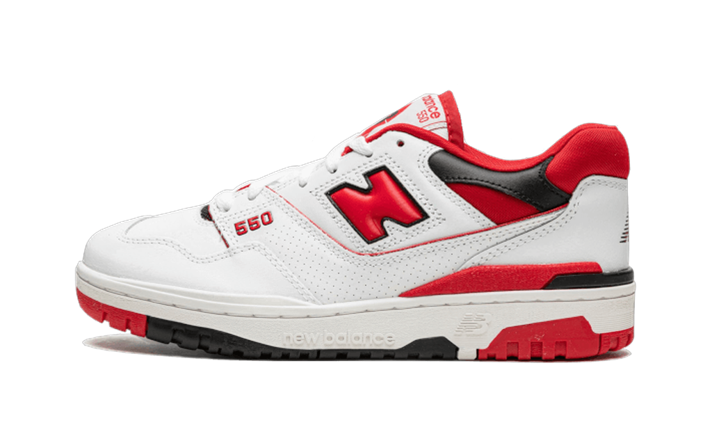 New Balance 550 blanche et rouge vue de profil, logo N rouge