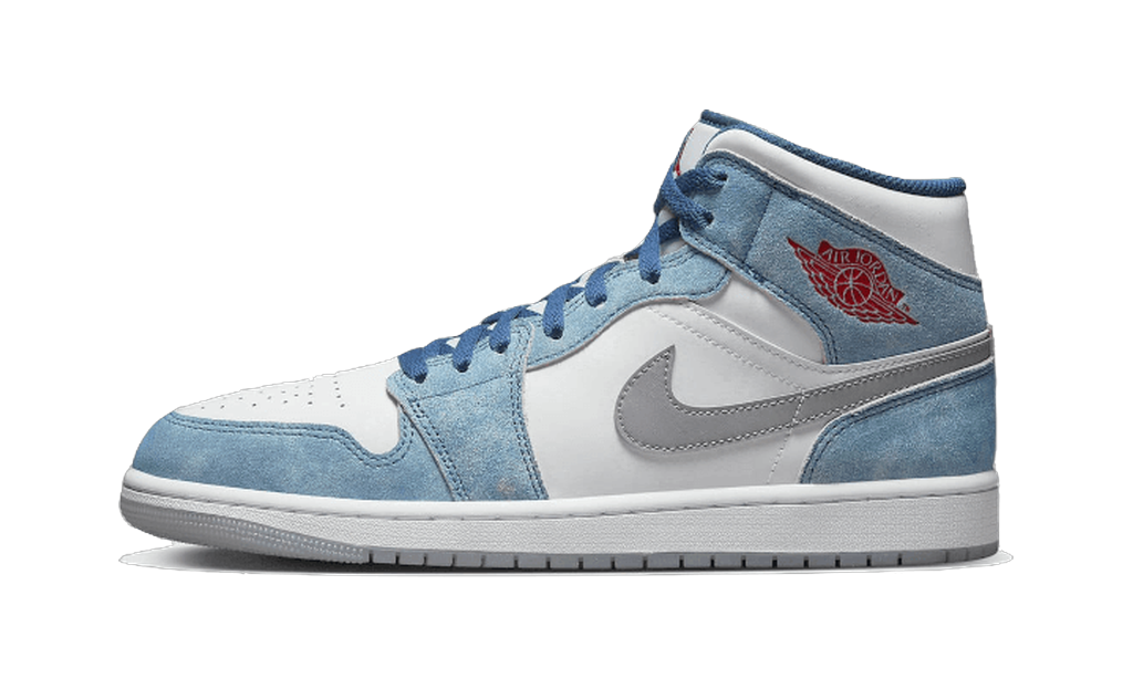 Jordan 1 Mid SE French Blue vue de profil, bleu, blanc et gris