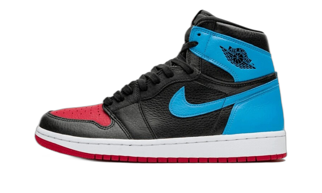 Jordan 1 Retro High NC to Chi vue de profil, noir, bleu et rouge