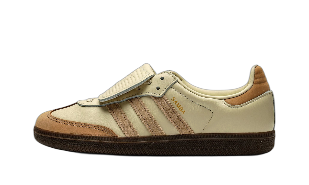 adidas Samba LT crème, vue de profil, bandes sable et semelle brune