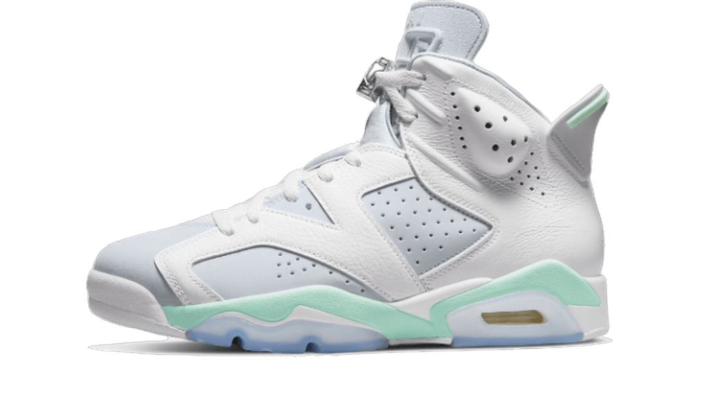 Jordan 6 Retro Mint Foam vue de profil, blanc, gris clair et vert menthe