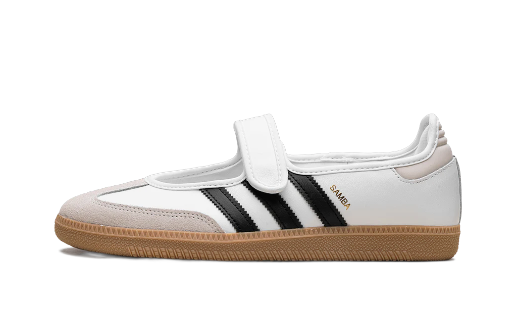 adidas Samba Jane blanche vue de profil, bandes noires et semelle gum