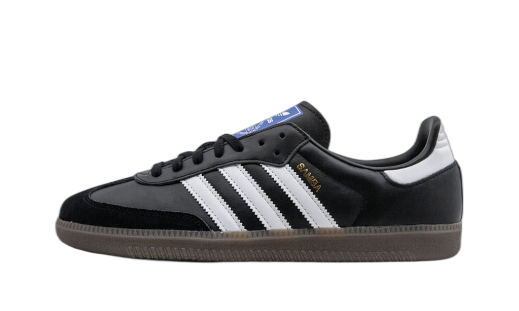 adidas Samba OG noire vue de profil, trois bandes blanches