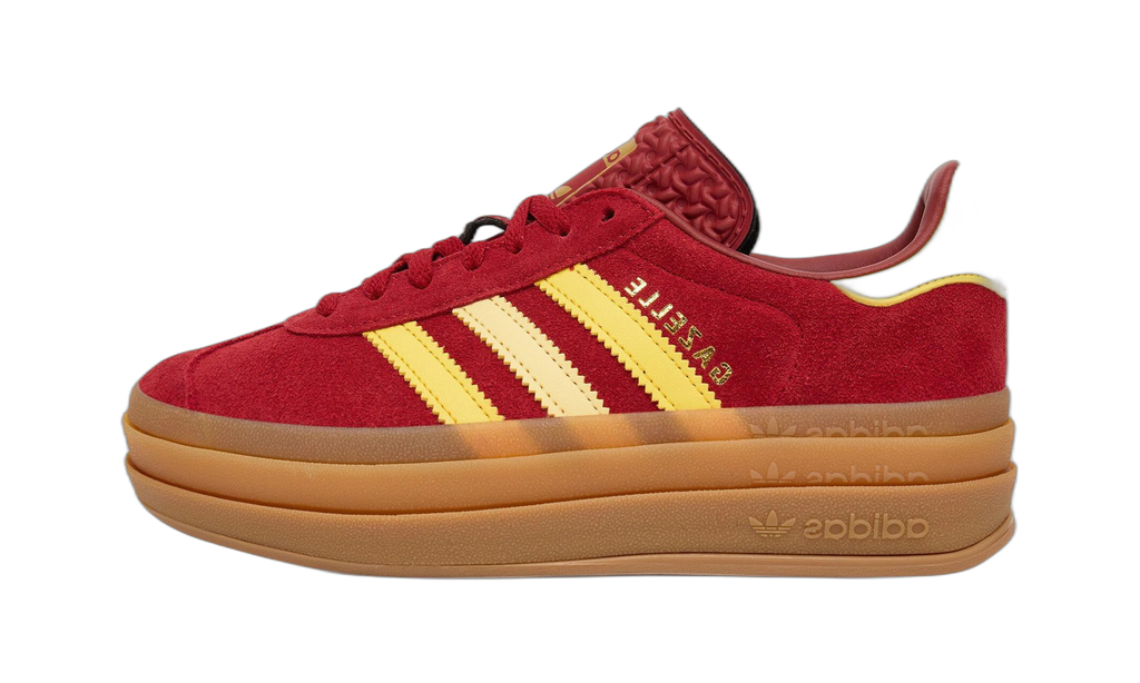 adidas Gazelle Bold rouge à bandes jaunes et semelle plateforme caramel, vue de profil