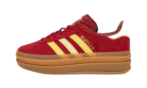 adidas Gazelle Bold rouge à bandes jaunes et semelle plateforme caramel, vue de profil