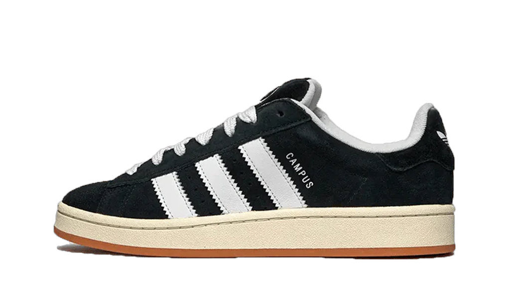 adidas Campus 00s noire, vue de profil avec bandes blanches et semelle gum