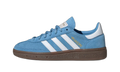 adidas Handball Spezial bleu clair vue de profil, bandes blanches, semelle gomme