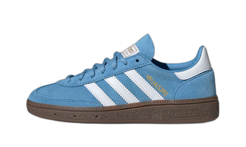 adidas Handball Spezial bleu clair vue de profil, bandes blanches, semelle gomme