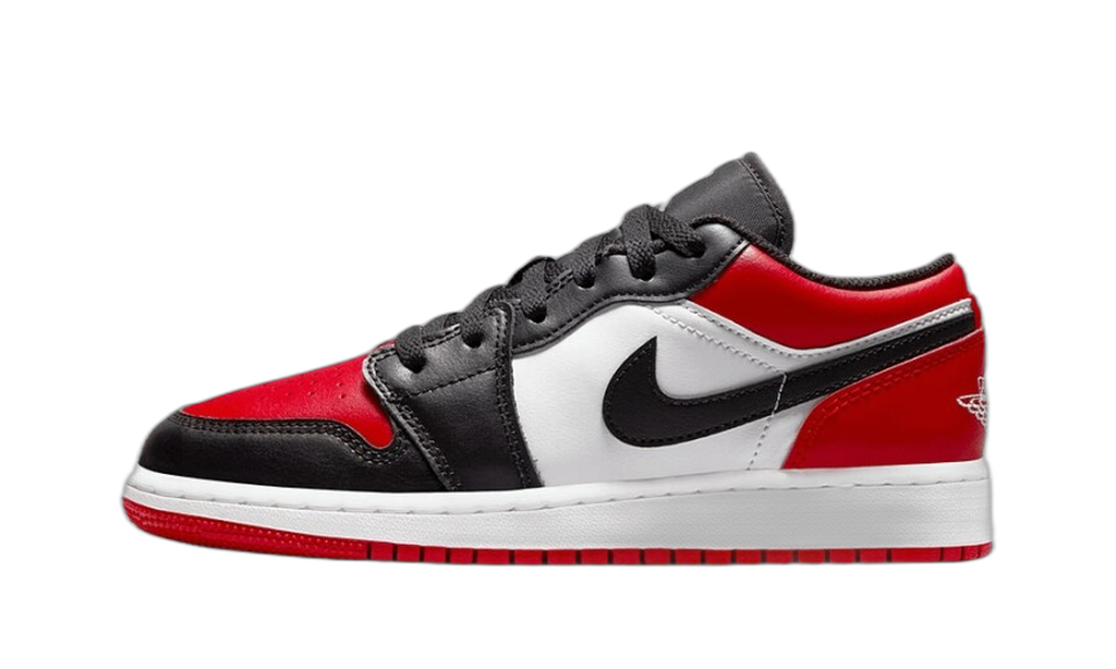 Jordan 1 Low Bred Toe vue de profil, rouge, noir et blanc