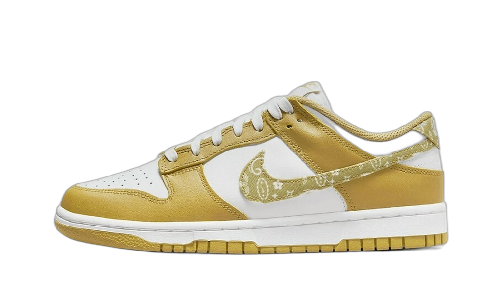 Nike Dunk Low Paisley Barley vue de profil, blanc et jaune ocre
