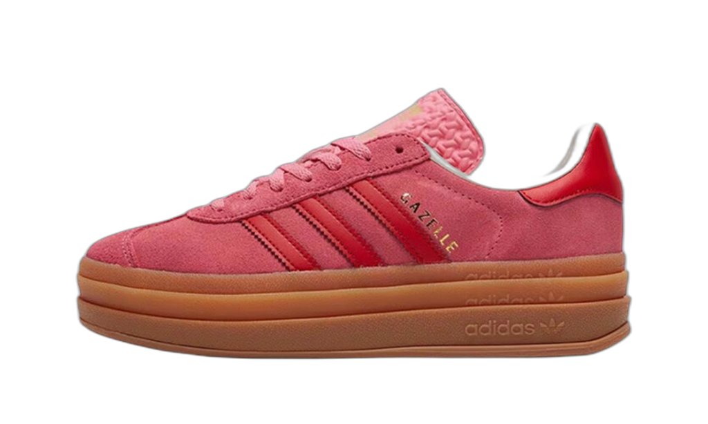 adidas Gazelle Bold rose à bandes rouges et semelle caramel, vue de profil