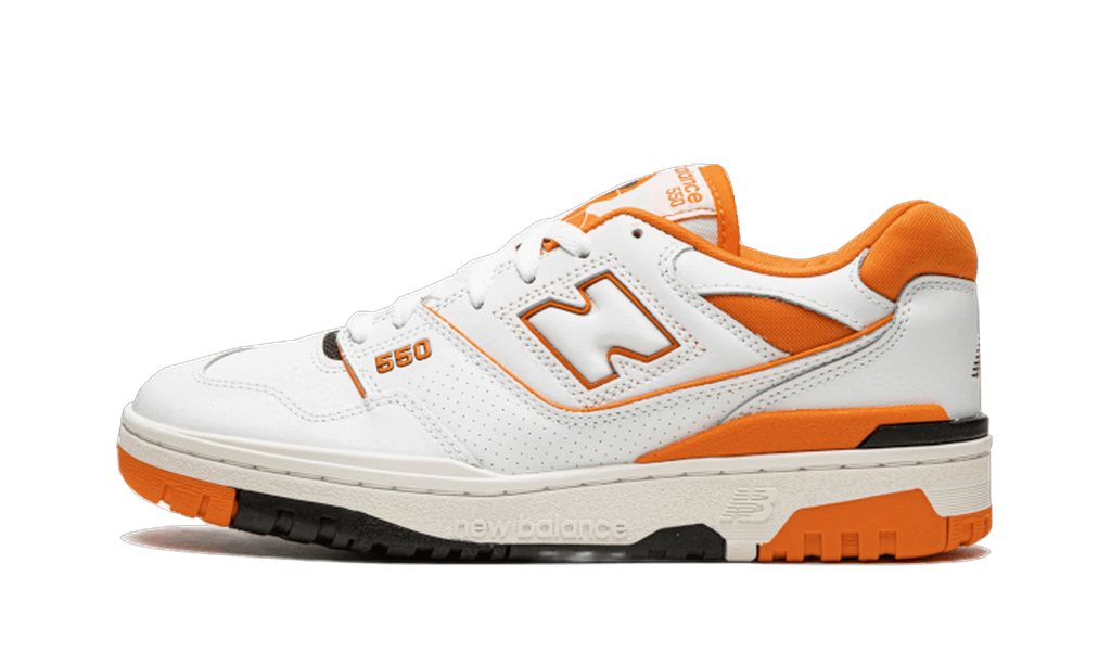 New Balance 550 Syracuse vue de profil, blanche avec détails orange