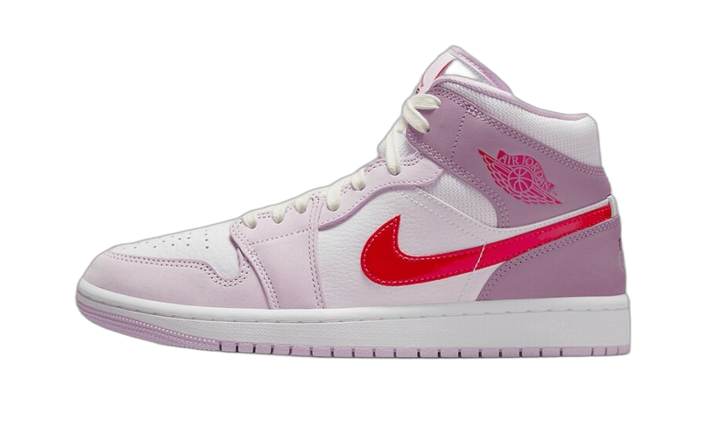 Jordan 1 Mid rose et blanche, swoosh rouge, vue de profil