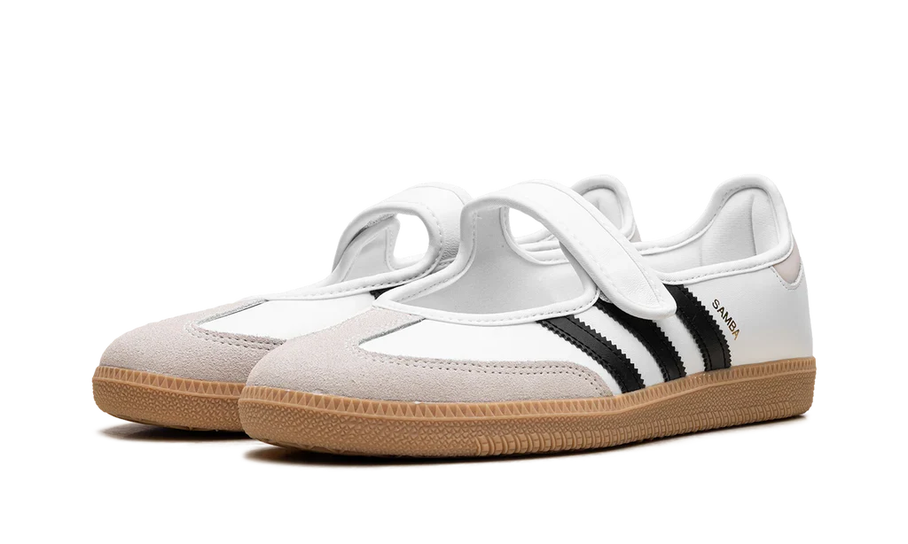 Paire d'adidas Samba Jane blanche et noire, bride scratch et bout beige